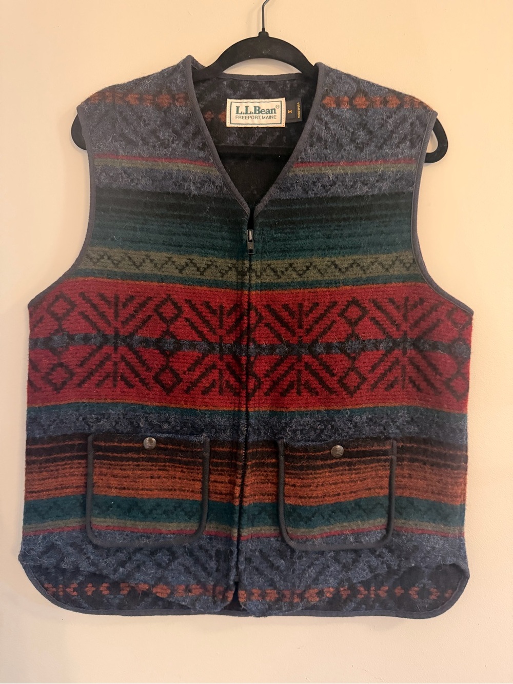 Vintage L.L. Bean Fair IsleMulticolor Patterned Wool Zip Vest - Red, Green, Blue